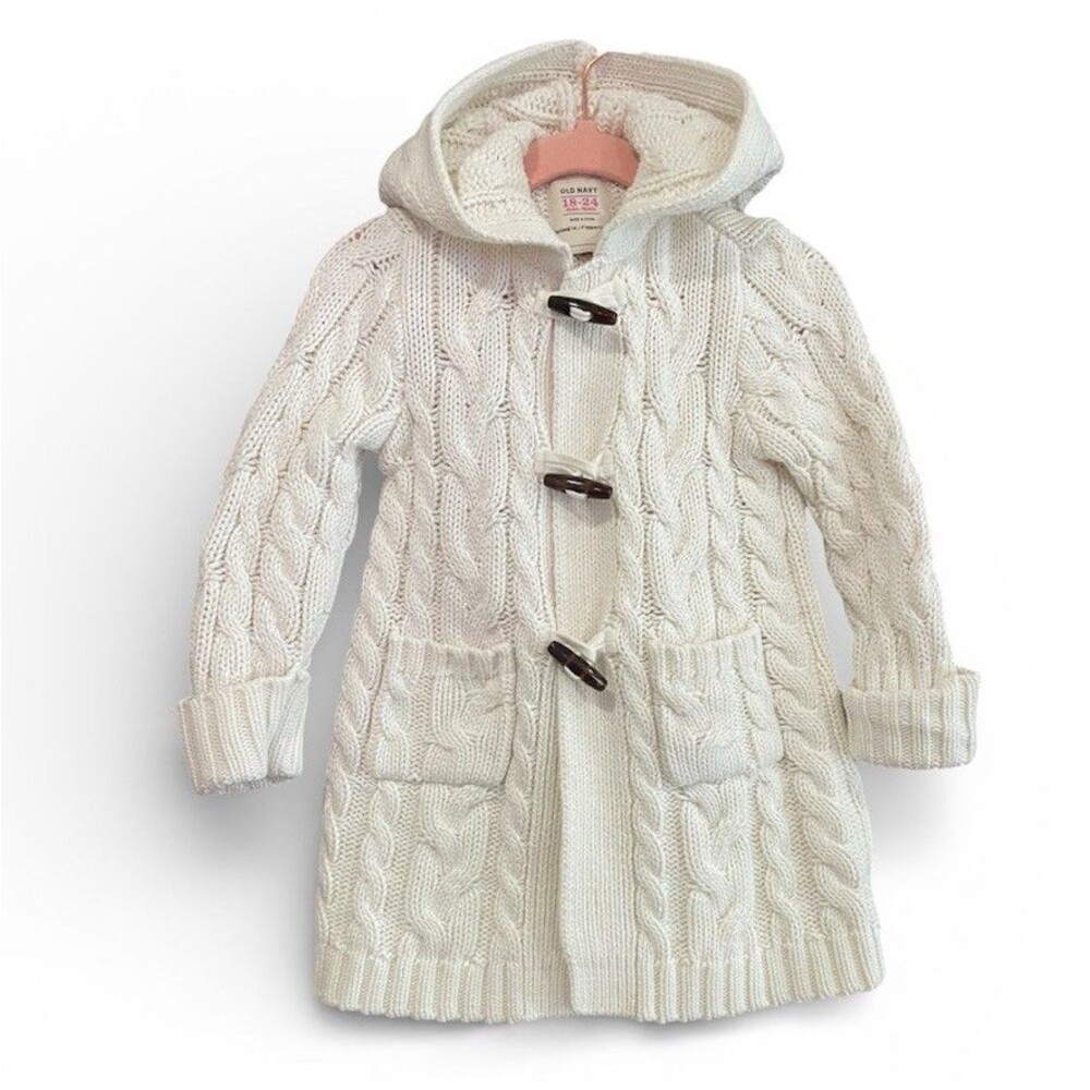 Hoodie Sweater Ecru Fisherman Cable Knit Toggle Hood Cardigan Cotton 18-24 Month